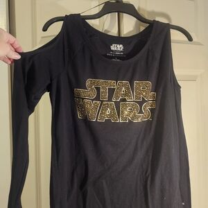 Rock & Republic Black Long-Sleeve Cold-Shoulder Tee with Gold Star Wars Logo